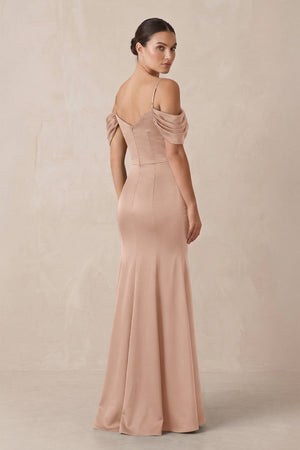 Off - the - Shoulder Mermaid Ruched Bridesmaid Dress in Champagne Rose - KissProm Bridesmaid Dresses