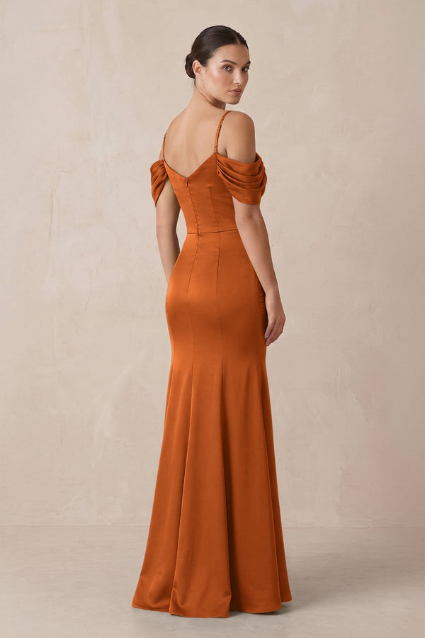 Off - the - Shoulder Mermaid Ruched Bridesmaid Dress in Cinnamon - KissProm Bridesmaid Dresses