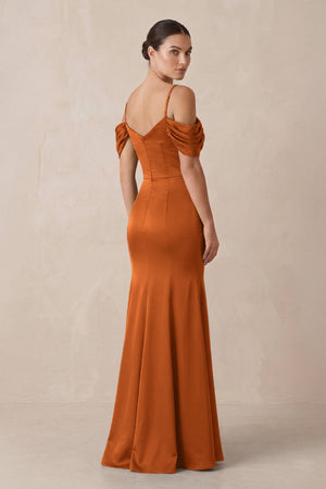 Off - the - Shoulder Mermaid Ruched Bridesmaid Dress in Cinnamon - KissProm Bridesmaid Dresses