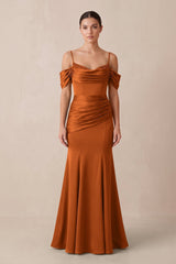 Off - the - Shoulder Mermaid Ruched Bridesmaid Dress in Cinnamon - KissProm Bridesmaid Dresses