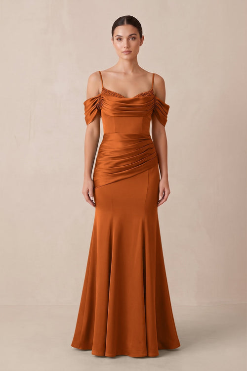 Off - the - Shoulder Mermaid Ruched Bridesmaid Dress in Cinnamon - KissProm Bridesmaid Dresses