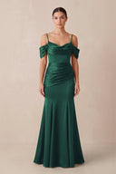 Off - the - Shoulder Mermaid Ruched Bridesmaid Dress in Dark Green - KissProm Bridesmaid Dresses