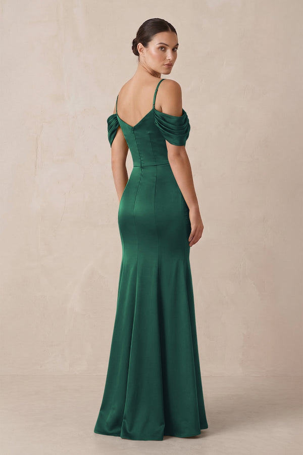 Off - the - Shoulder Mermaid Ruched Bridesmaid Dress in Dark Green - KissProm Bridesmaid Dresses