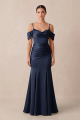 Off - the - Shoulder Mermaid Ruched Bridesmaid Dress in Dark Navy - KissProm Bridesmaid Dresses