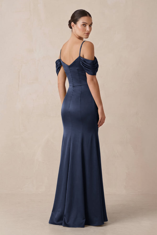 Off - the - Shoulder Mermaid Ruched Bridesmaid Dress in Dark Navy - KissProm Bridesmaid Dresses