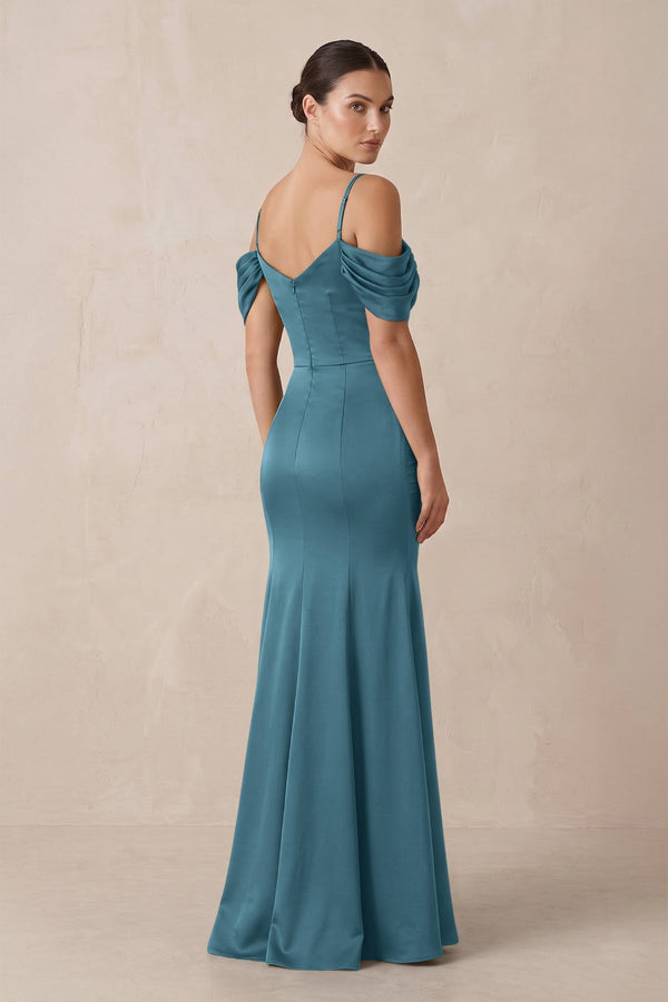 Off - the - Shoulder Mermaid Ruched Bridesmaid Dress in Dark Teal - KissProm Bridesmaid Dresses