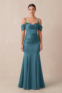 Off - the - Shoulder Mermaid Ruched Bridesmaid Dress in Dark Teal - KissProm Bridesmaid Dresses