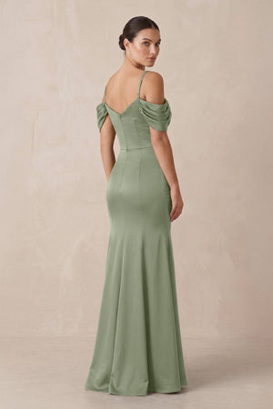 Off - the - Shoulder Mermaid Ruched Bridesmaid Dress in Dove Gray - KissProm Bridesmaid Dresses