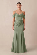Off - the - Shoulder Mermaid Ruched Bridesmaid Dress in Dove Gray - KissProm Bridesmaid Dresses