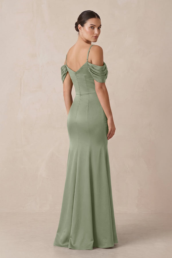 Off - the - Shoulder Mermaid Ruched Bridesmaid Dress in Dove Gray - KissProm Bridesmaid Dresses