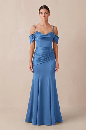 Off - the - Shoulder Mermaid Ruched Bridesmaid Dress in Dusty Blue - KissProm Bridesmaid Dresses
