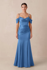 Off - the - Shoulder Mermaid Ruched Bridesmaid Dress in Dusty Blue - KissProm Bridesmaid Dresses
