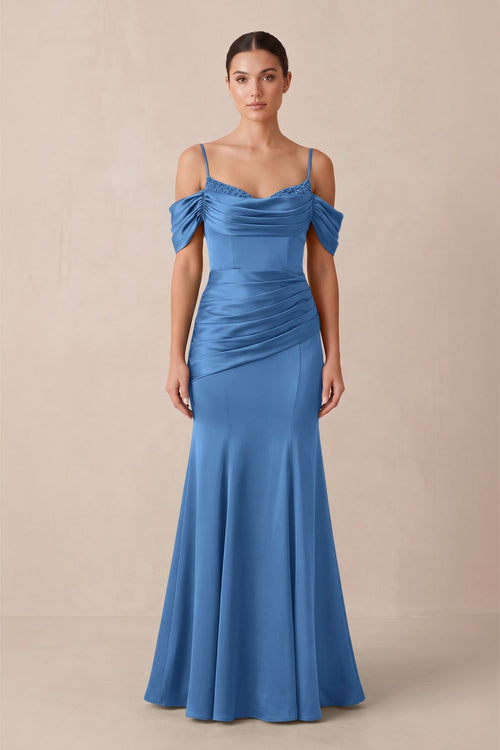 Off - the - Shoulder Mermaid Ruched Bridesmaid Dress in Dusty Blue - KissProm Bridesmaid Dresses