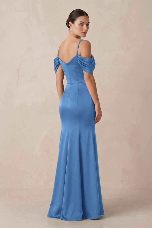 Off - the - Shoulder Mermaid Ruched Bridesmaid Dress in Dusty Blue - KissProm Bridesmaid Dresses