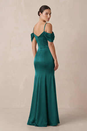 Off - the - Shoulder Mermaid Ruched Bridesmaid Dress in Emerald - KissProm Bridesmaid Dresses