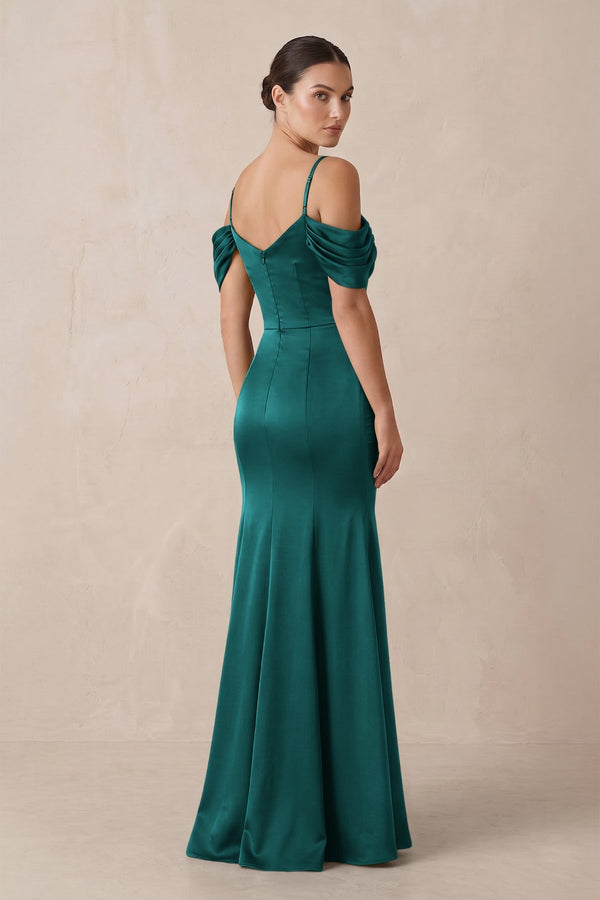 Off - the - Shoulder Mermaid Ruched Bridesmaid Dress in Emerald - KissProm Bridesmaid Dresses