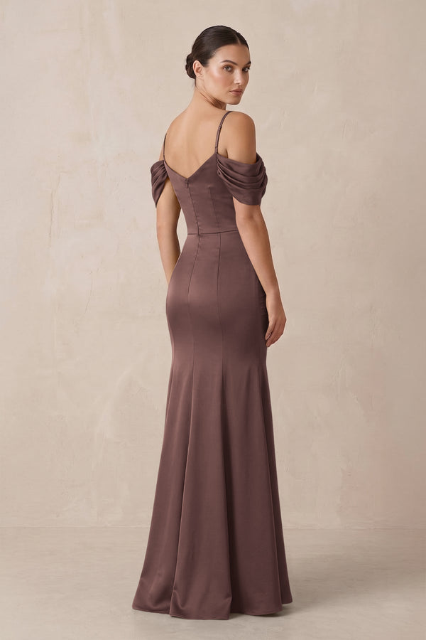 Off - the - Shoulder Mermaid Ruched Bridesmaid Dress in Espresso - KissProm Bridesmaid Dresses