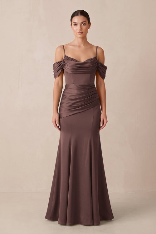 Off - the - Shoulder Mermaid Ruched Bridesmaid Dress in Espresso - KissProm Bridesmaid Dresses