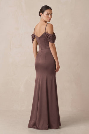 Off - the - Shoulder Mermaid Ruched Bridesmaid Dress in Espresso - KissProm Bridesmaid Dresses