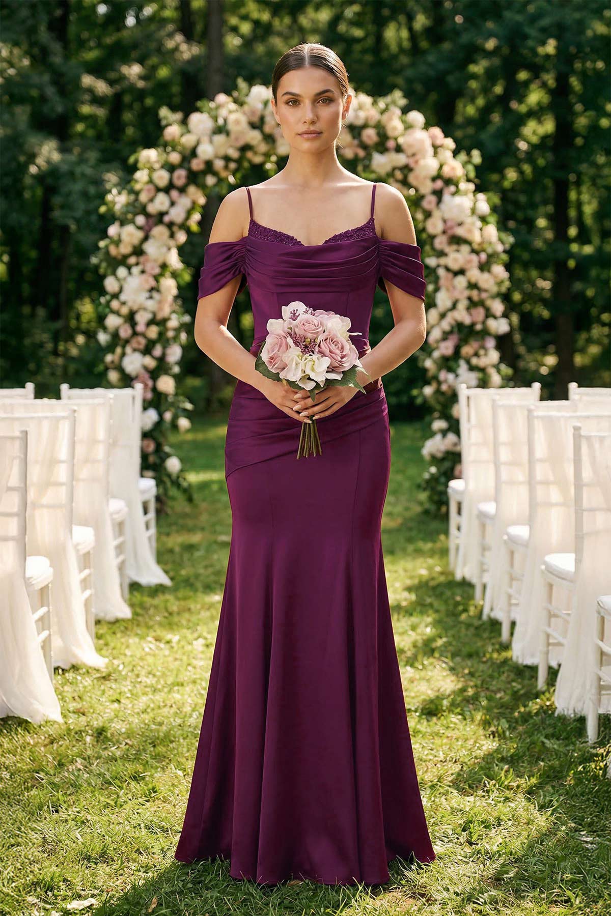 KissProm Off-the-Shoulder Mermaid Ruched Bridesmaid Dress in Fig, Fig / 4