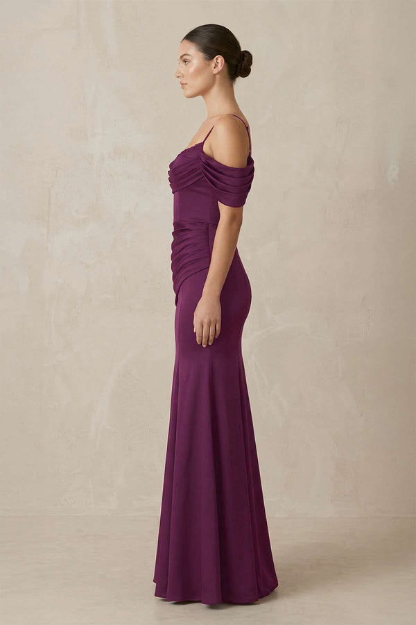 Off - the - Shoulder Mermaid Ruched Bridesmaid Dress in Fig - KissProm Bridesmaid Dresses