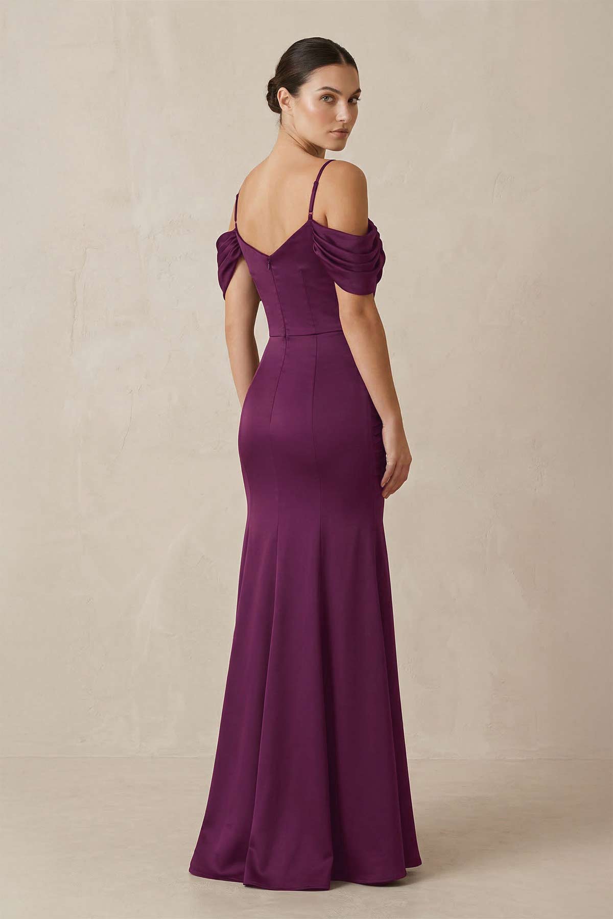 KissProm Off-the-Shoulder Mermaid Ruched Bridesmaid Dress in Fig, Fig / 4