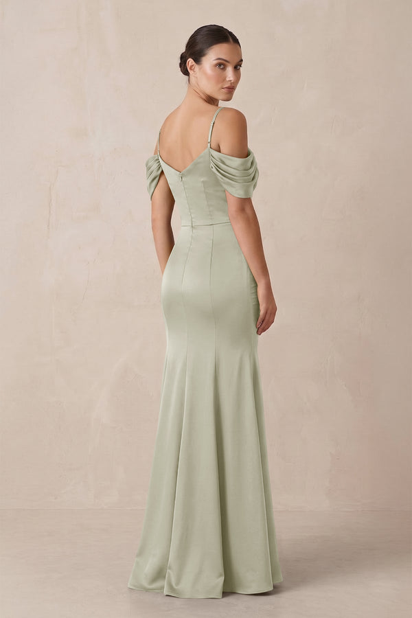 Off - the - Shoulder Mermaid Ruched Bridesmaid Dress in Frost - KissProm Bridesmaid Dresses