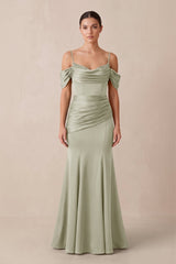 Off - the - Shoulder Mermaid Ruched Bridesmaid Dress in Frost - KissProm Bridesmaid Dresses