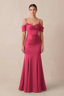 Off - the - Shoulder Mermaid Ruched Bridesmaid Dress in Fuchsia - KissProm Bridesmaid Dresses