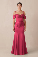 Off - the - Shoulder Mermaid Ruched Bridesmaid Dress in Fuchsia - KissProm Bridesmaid Dresses