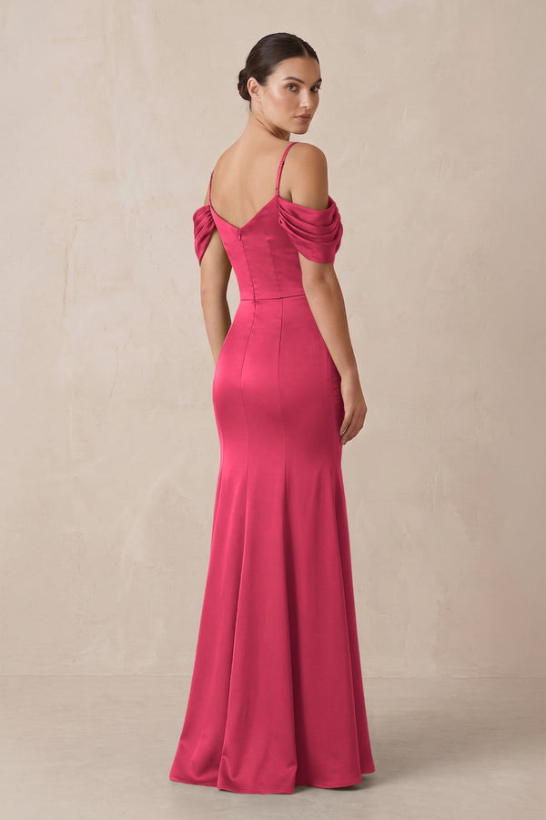 Off - the - Shoulder Mermaid Ruched Bridesmaid Dress in Fuchsia - KissProm Bridesmaid Dresses