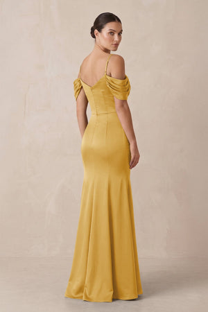 Off - the - Shoulder Mermaid Ruched Bridesmaid Dress in Gold - KissProm Bridesmaid Dresses