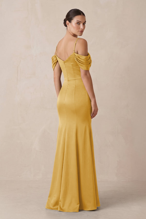 Off - the - Shoulder Mermaid Ruched Bridesmaid Dress in Gold - KissProm Bridesmaid Dresses