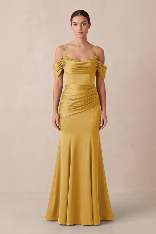 Off - the - Shoulder Mermaid Ruched Bridesmaid Dress in Gold - KissProm Bridesmaid Dresses