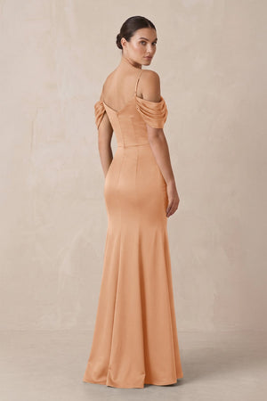 Off - the - Shoulder Mermaid Ruched Bridesmaid Dress in Golden Champagne - KissProm Bridesmaid Dresses