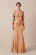 Off - the - Shoulder Mermaid Ruched Bridesmaid Dress in Golden Champagne - KissProm Bridesmaid Dresses