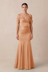 Off - the - Shoulder Mermaid Ruched Bridesmaid Dress in Golden Champagne - KissProm Bridesmaid Dresses