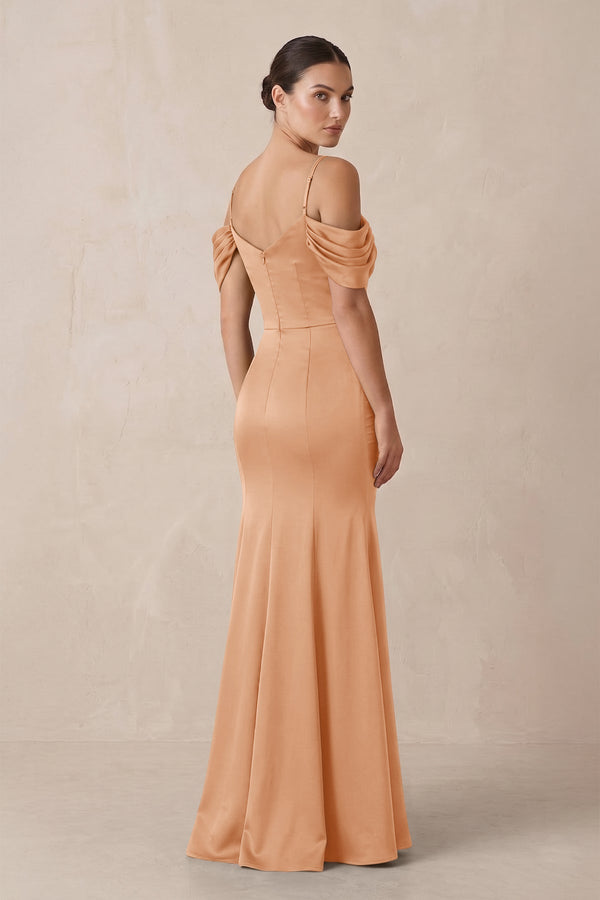 Off - the - Shoulder Mermaid Ruched Bridesmaid Dress in Golden Champagne - KissProm Bridesmaid Dresses