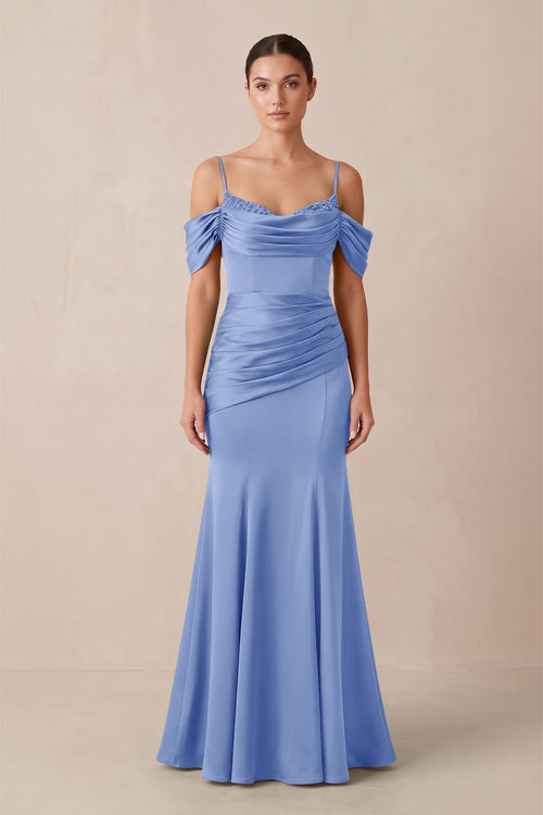 Off - the - Shoulder Mermaid Ruched Bridesmaid Dress in Ice - KissProm Bridesmaid Dresses