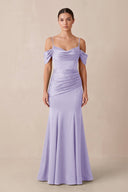 Off - the - Shoulder Mermaid Ruched Bridesmaid Dress in Lavender - KissProm Bridesmaid Dresses