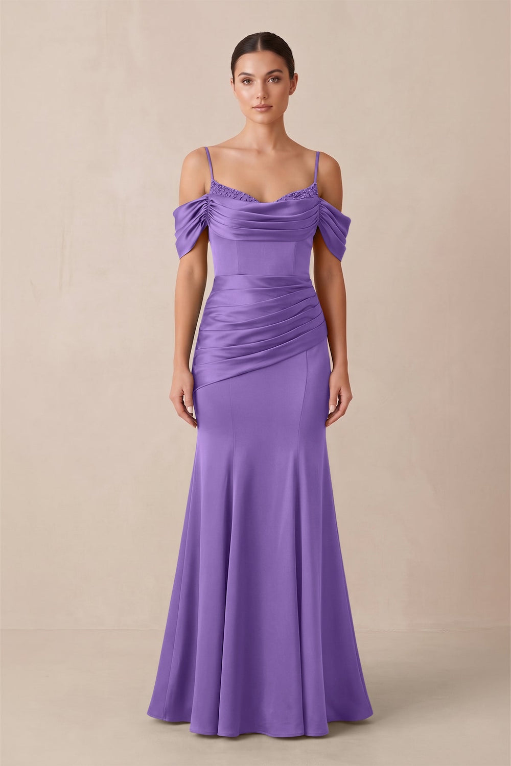 Off - the - Shoulder Mermaid Ruched Bridesmaid Dress in Lilac - KissProm Bridesmaid Dresses