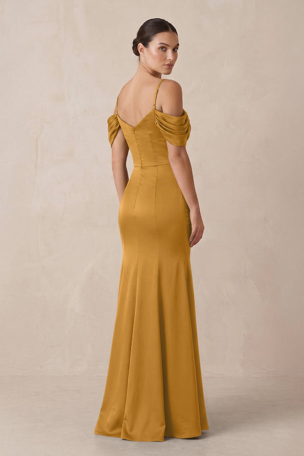 Off - the - Shoulder Mermaid Ruched Bridesmaid Dress in Marigold - KissProm Bridesmaid Dresses