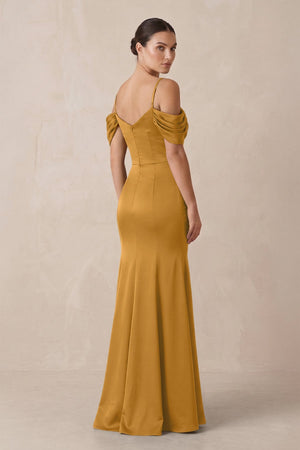 Off - the - Shoulder Mermaid Ruched Bridesmaid Dress in Marigold - KissProm Bridesmaid Dresses