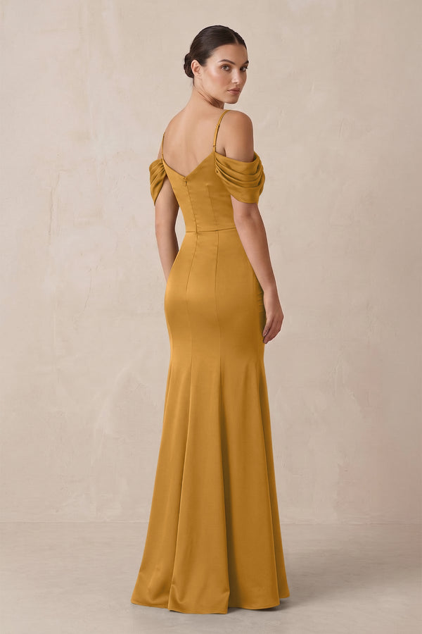 Off - the - Shoulder Mermaid Ruched Bridesmaid Dress in Marigold - KissProm Bridesmaid Dresses