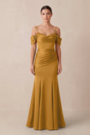 Off - the - Shoulder Mermaid Ruched Bridesmaid Dress in Marigold - KissProm Bridesmaid Dresses