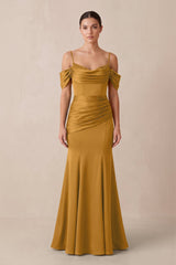 Off - the - Shoulder Mermaid Ruched Bridesmaid Dress in Marigold - KissProm Bridesmaid Dresses