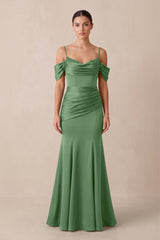 Off - the - Shoulder Mermaid Ruched Bridesmaid Dress in Matcha - KissProm Bridesmaid Dresses