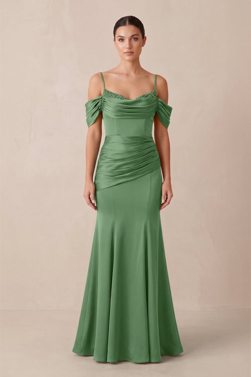 Off - the - Shoulder Mermaid Ruched Bridesmaid Dress in Matcha - KissProm Bridesmaid Dresses