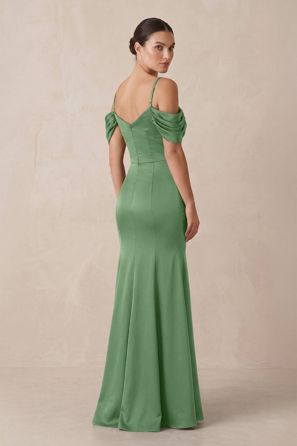 Off - the - Shoulder Mermaid Ruched Bridesmaid Dress in Matcha - KissProm Bridesmaid Dresses