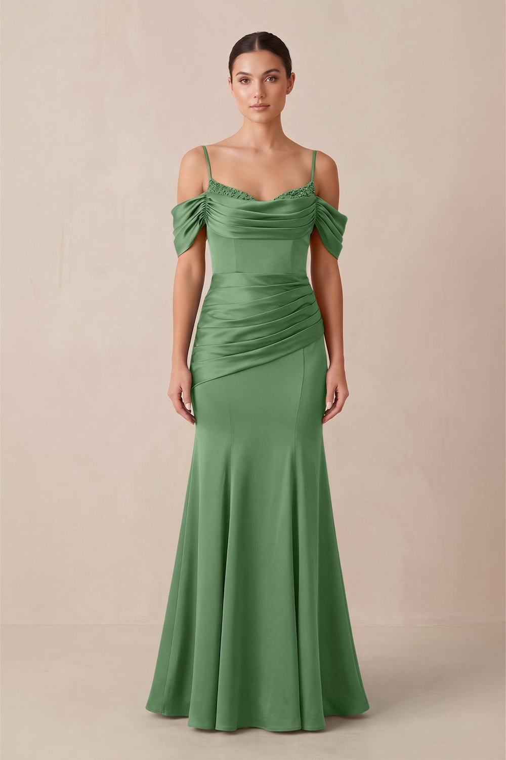 Off - the - Shoulder Mermaid Ruched Bridesmaid Dress in Matcha - KissProm Bridesmaid Dresses